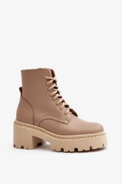 Zazoo 3413 Damskie Skórzane Botki Workery Na Masywnym Obcasie Beżowe