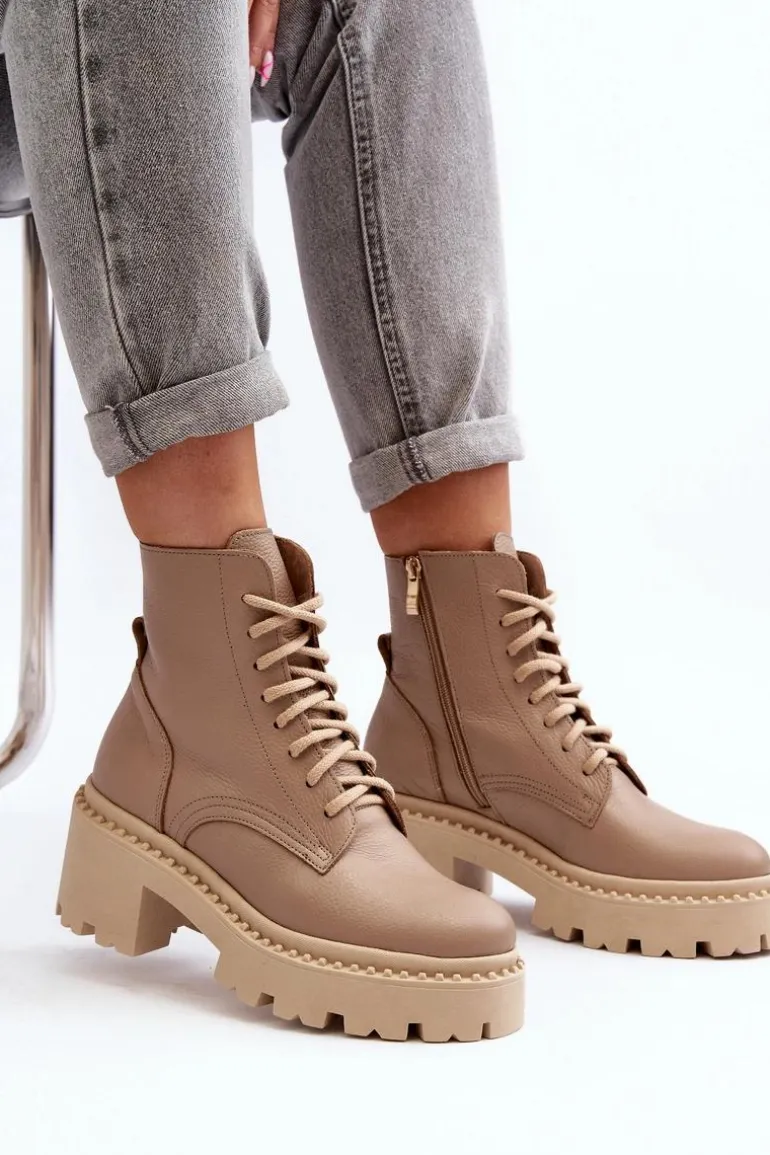 Zazoo 3413 Damskie Skórzane Botki Workery Na Masywnym Obcasie Beżowe