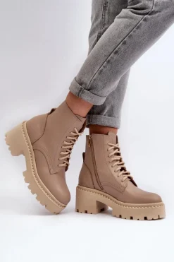 Zazoo 3413 Damskie Skórzane Botki Workery Na Masywnym Obcasie Beżowe