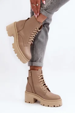 Zazoo 3413 Damskie Skórzane Botki Workery Na Masywnym Obcasie Beżowe