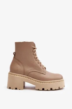 Zazoo 3413 Damskie Skórzane Botki Workery Na Masywnym Obcasie Beżowe