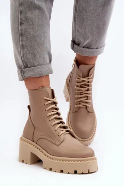 Zazoo 3413 Damskie Skórzane Botki Workery Na Masywnym Obcasie Beżowe