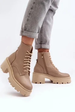 Zazoo 3413 Damskie Skórzane Botki Workery Na Masywnym Obcasie Beżowe