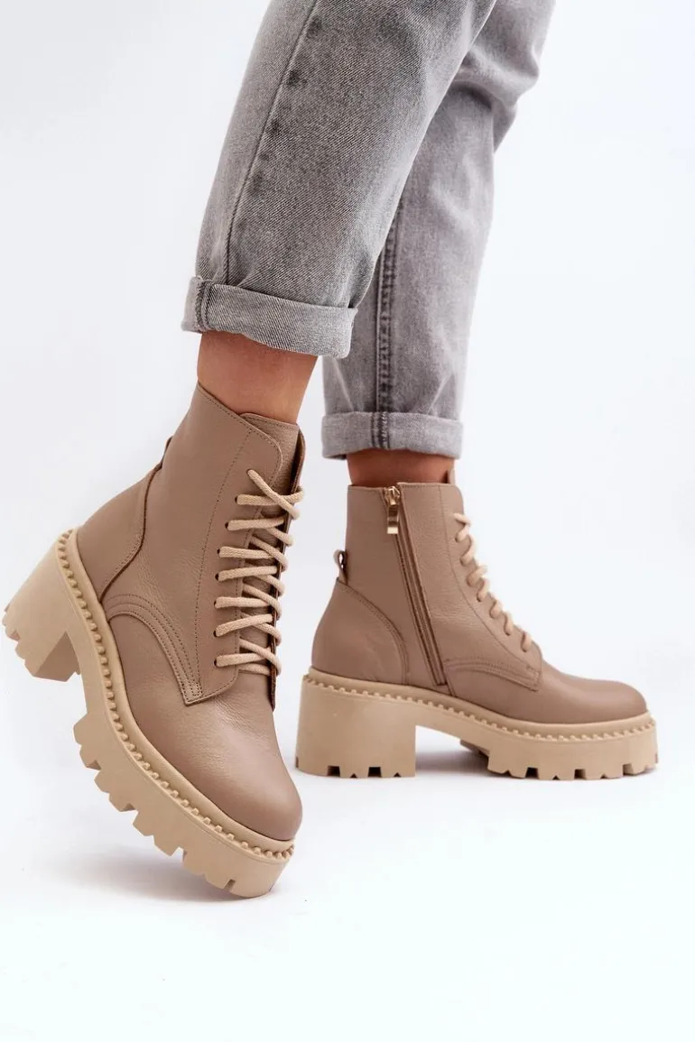 Zazoo 3413 Damskie Skórzane Botki Workery Na Masywnym Obcasie Beżowe