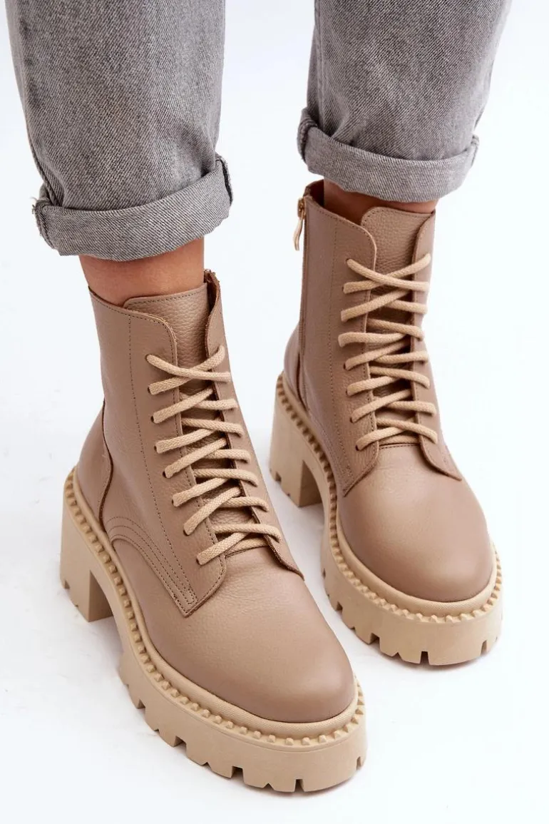 Zazoo 3413 Damskie Skórzane Botki Workery Na Masywnym Obcasie Beżowe