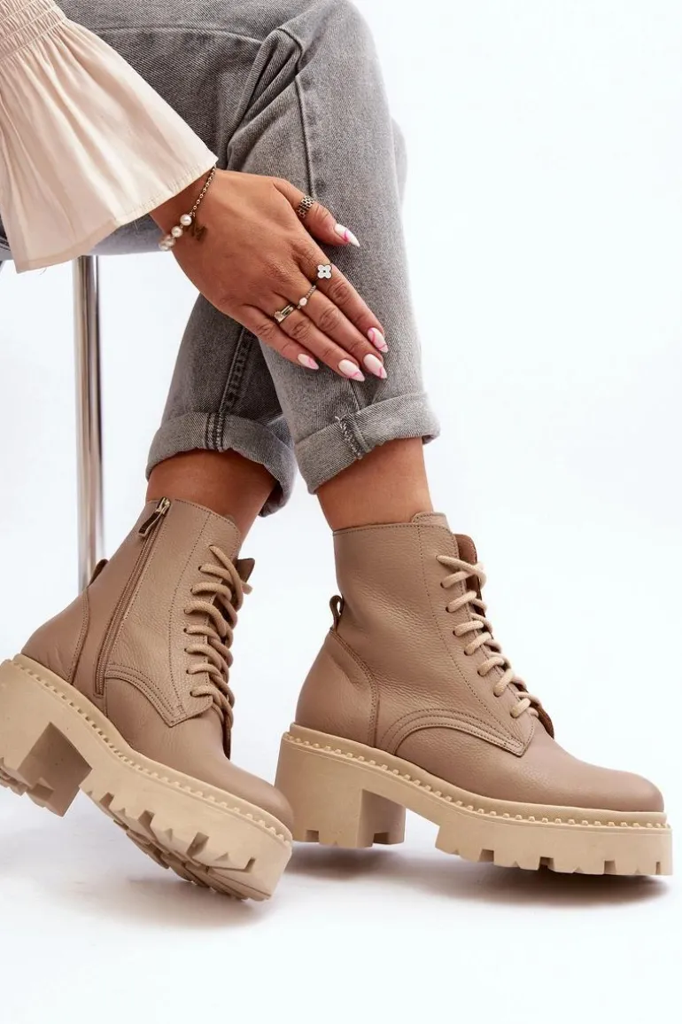 Zazoo 3413 Damskie Skórzane Botki Workery Na Masywnym Obcasie Beżowe