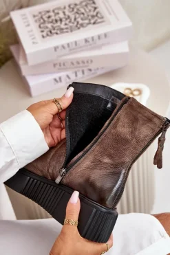 Zazoo 60369 Damskie Skórzane Botki Na Platformie Ciemnobeżowe