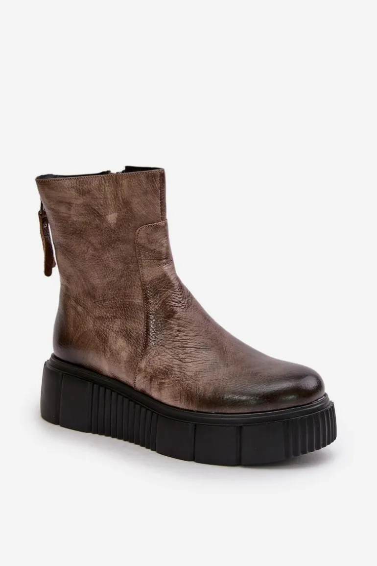 Zazoo 60369 Damskie Skórzane Botki Na Platformie Ciemnobeżowe