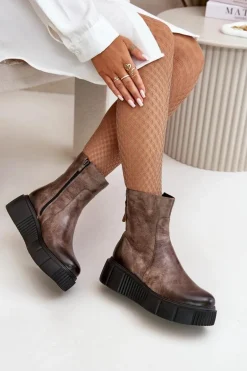 Zazoo 60369 Damskie Skórzane Botki Na Platformie Ciemnobeżowe