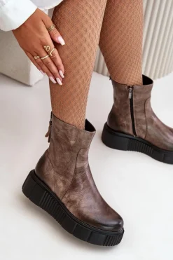 Zazoo 60369 Damskie Skórzane Botki Na Platformie Ciemnobeżowe