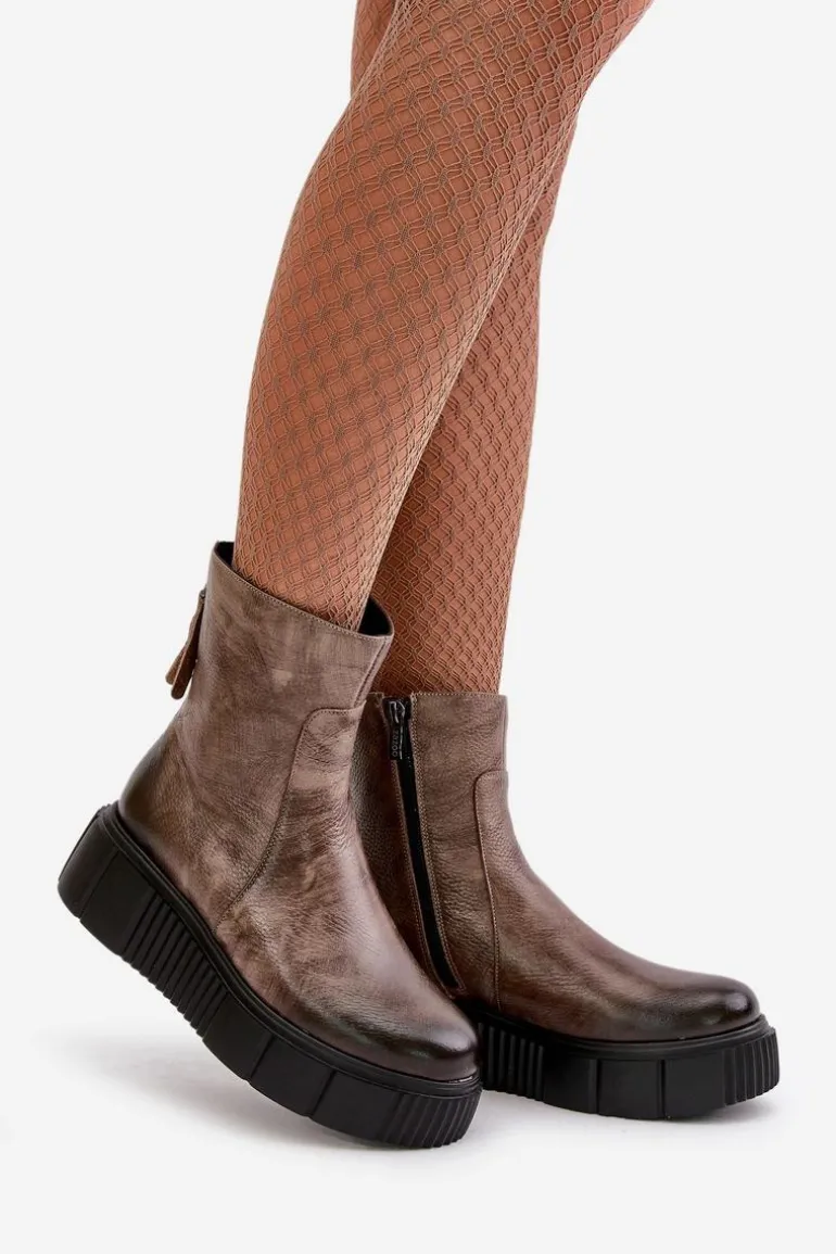 Zazoo 60369 Damskie Skórzane Botki Na Platformie Ciemnobeżowe