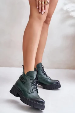 Zazoo 60483 Damskie Skórzane Botki Z Niską Cholewką Ocieplane Ciemnozielone