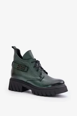 Zazoo 60483 Damskie Skórzane Botki Z Niską Cholewką Ocieplane Ciemnozielone