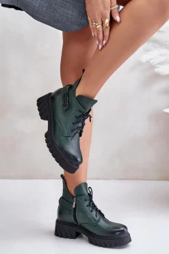 Zazoo 60483 Damskie Skórzane Botki Z Niską Cholewką Ocieplane Ciemnozielone