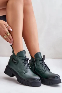 Zazoo 60483 Damskie Skórzane Botki Z Niską Cholewką Ocieplane Ciemnozielone