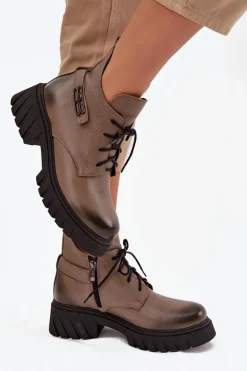 Zazoo 60483 Damskie Skórzane Botki Z Niską Cholewką Ocieplane Ciemnobeżowe