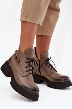 Zazoo 60483 Damskie Skórzane Botki Z Niską Cholewką Ocieplane Ciemnobeżowe