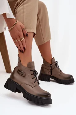 Zazoo 60483 Damskie Skórzane Botki Z Niską Cholewką Ocieplane Ciemnobeżowe