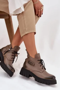 Zazoo 60483 Damskie Skórzane Botki Z Niską Cholewką Ocieplane Ciemnobeżowe