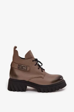 Zazoo 60483 Damskie Skórzane Botki Z Niską Cholewką Ocieplane Ciemnobeżowe