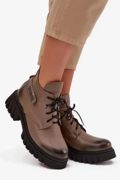 Zazoo 60483 Damskie Skórzane Botki Z Niską Cholewką Ocieplane Ciemnobeżowe