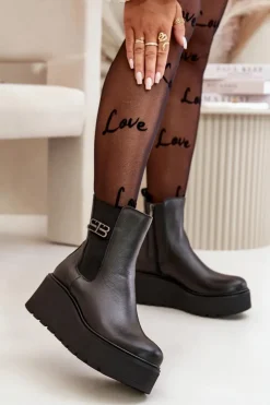 Zazoo 60498 Damskie Skórzane Botki Sztyblety Na Platformie I Koturnie Czarne