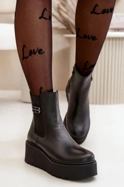 Zazoo 60498 Damskie Skórzane Botki Sztyblety Na Platformie I Koturnie Czarne