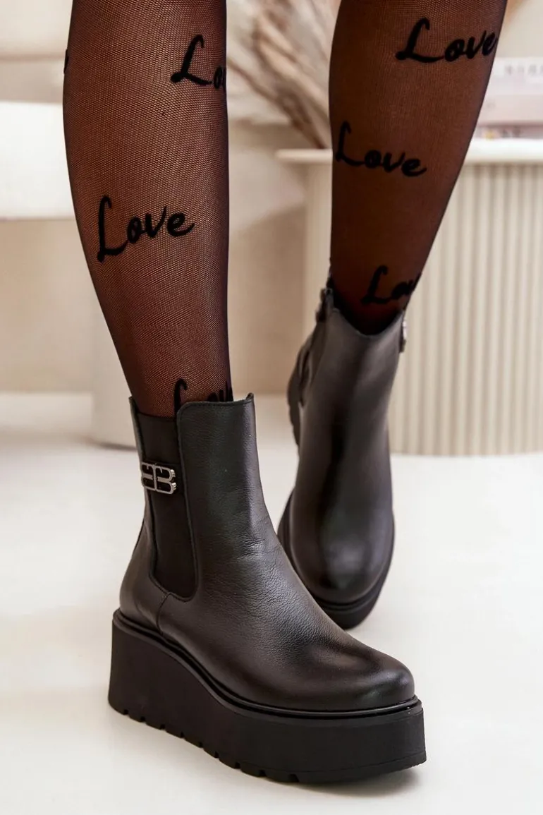 Zazoo 60498 Damskie Skórzane Botki Sztyblety Na Platformie I Koturnie Czarne