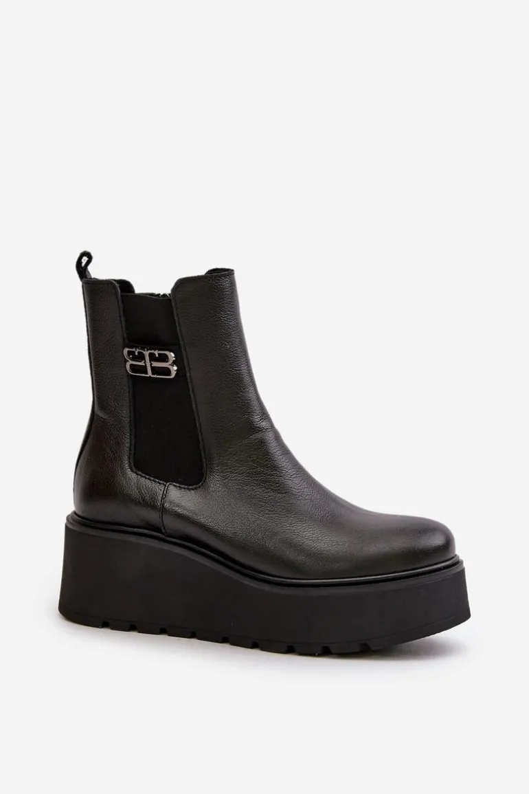 Zazoo 60498 Damskie Skórzane Botki Sztyblety Na Platformie I Koturnie Czarne