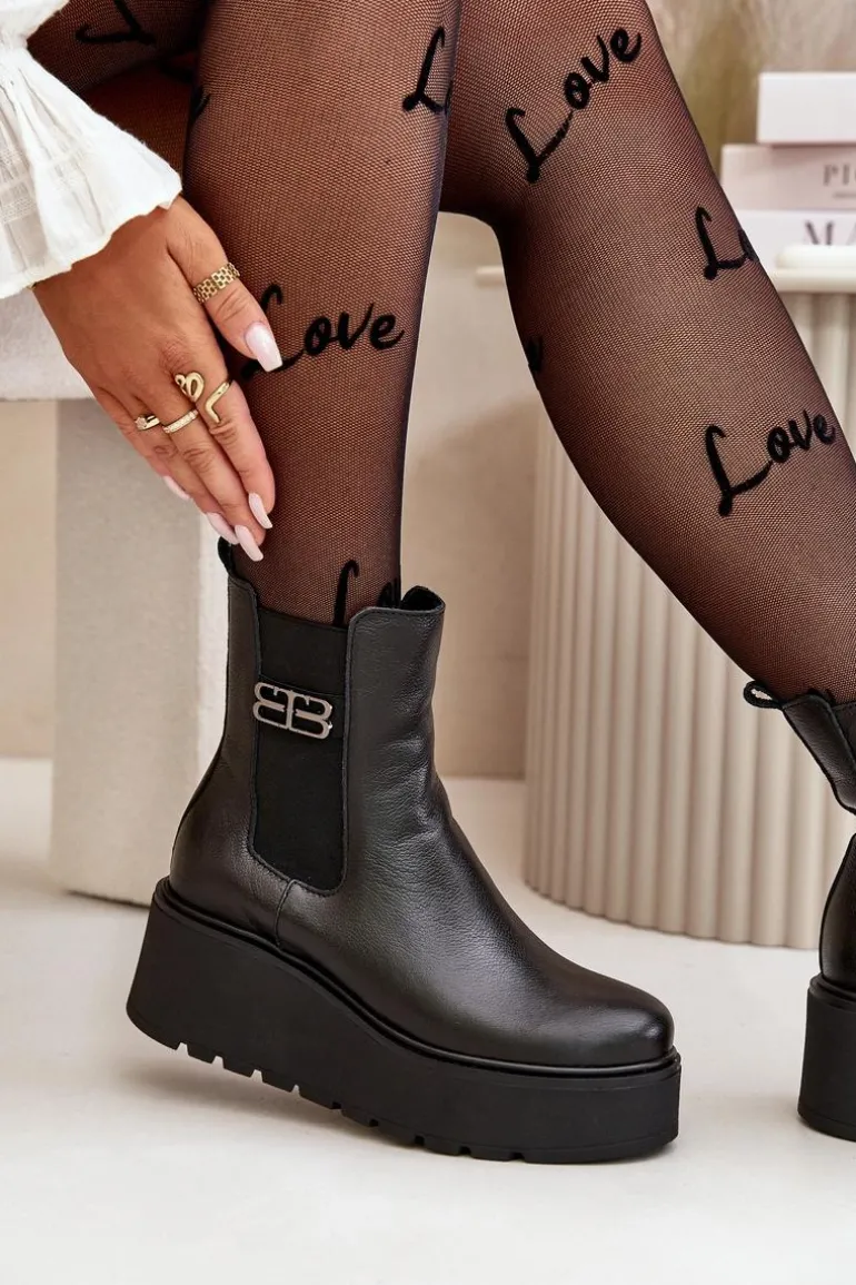 Zazoo 60498 Damskie Skórzane Botki Sztyblety Na Platformie I Koturnie Czarne