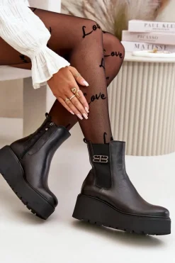 Zazoo 60498 Damskie Skórzane Botki Sztyblety Na Platformie I Koturnie Czarne