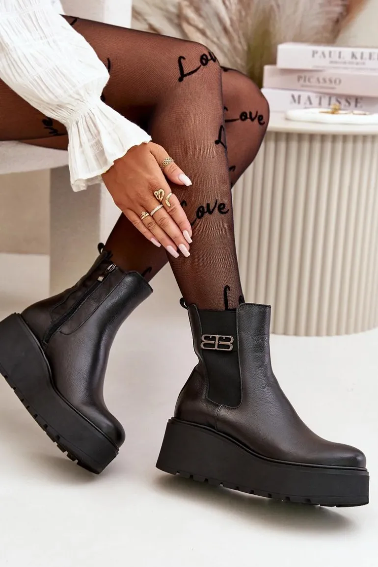 Zazoo 60498 Damskie Skórzane Botki Sztyblety Na Platformie I Koturnie Czarne