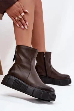 Zazoo 60369 Damskie Skórzane Botki Na Platformie Czekoladowe