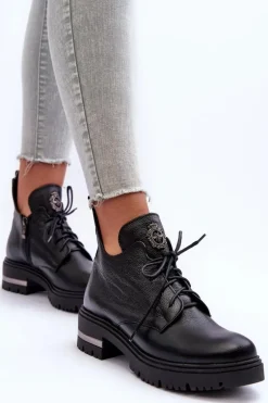 Zazoo 60309 Damskie Skórzane Botki Na Płaskim Obcasie Czarne