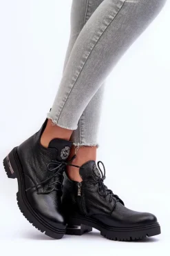 Zazoo 60309 Damskie Skórzane Botki Na Płaskim Obcasie Czarne