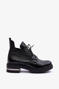 Zazoo 60309 Damskie Skórzane Botki Na Płaskim Obcasie Czarne