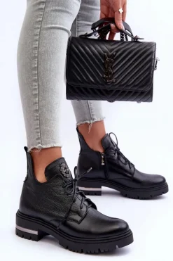 Zazoo 60309 Damskie Skórzane Botki Na Płaskim Obcasie Czarne