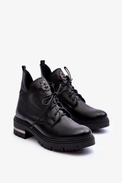 Zazoo 60309 Damskie Skórzane Botki Na Płaskim Obcasie Czarne