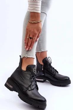 Zazoo 60309 Damskie Skórzane Botki Na Płaskim Obcasie Czarne