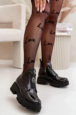 Zazoo 60451 Damskie Skórzane Botki Z Ozdobą Lakierowane Czarne