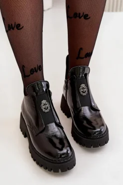 Zazoo 60451 Damskie Skórzane Botki Z Ozdobą Lakierowane Czarne