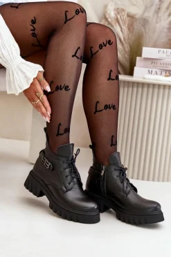 Zazoo 60483 Damskie Skórzane Botki Z Niską Cholewką Ocieplane Czarne