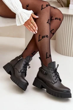 Zazoo 60483 Damskie Skórzane Botki Z Niską Cholewką Ocieplane Czarne