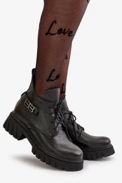 Zazoo 60483 Damskie Skórzane Botki Z Niską Cholewką Ocieplane Czarne