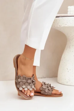 Zazoo 40381 Damskie Skórzane Klapki Na Płaskim Obcasie Taupe