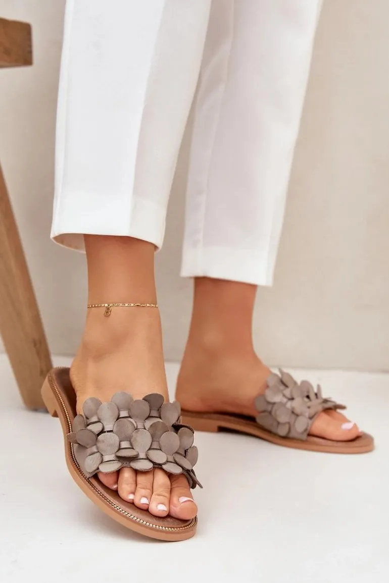 Zazoo 40381 Damskie Skórzane Klapki Na Płaskim Obcasie Taupe