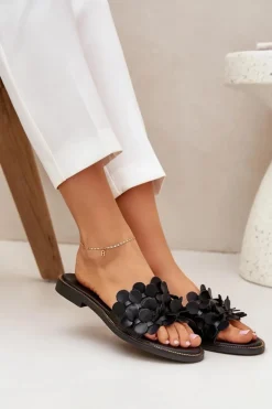 Zazoo 40381 Damskie Skórzane Klapki Na Płaskim Obcasie Czarne