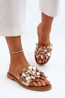 Zazoo 40381 Damskie Skórzane Klapki Na Płaskim Obcasie Złote