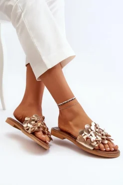 Zazoo 40381 Damskie Skórzane Klapki Na Płaskim Obcasie Złote