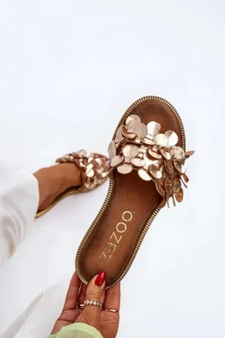 Zazoo 40381 Damskie Skórzane Klapki Na Płaskim Obcasie Złote